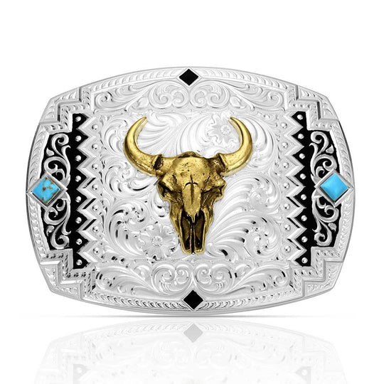 Montana Silversmiths Southwest Scroll Buckle with Buffalo Skull - 56100-1015