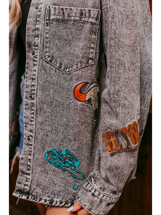 Ladies Merigold Kiss Wild West Embroidery Denim Shacket - MK749