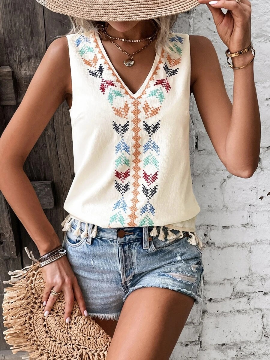 Ladies Rosa Clothing Boho Embroidered Tassle Tank - RCWJ01084