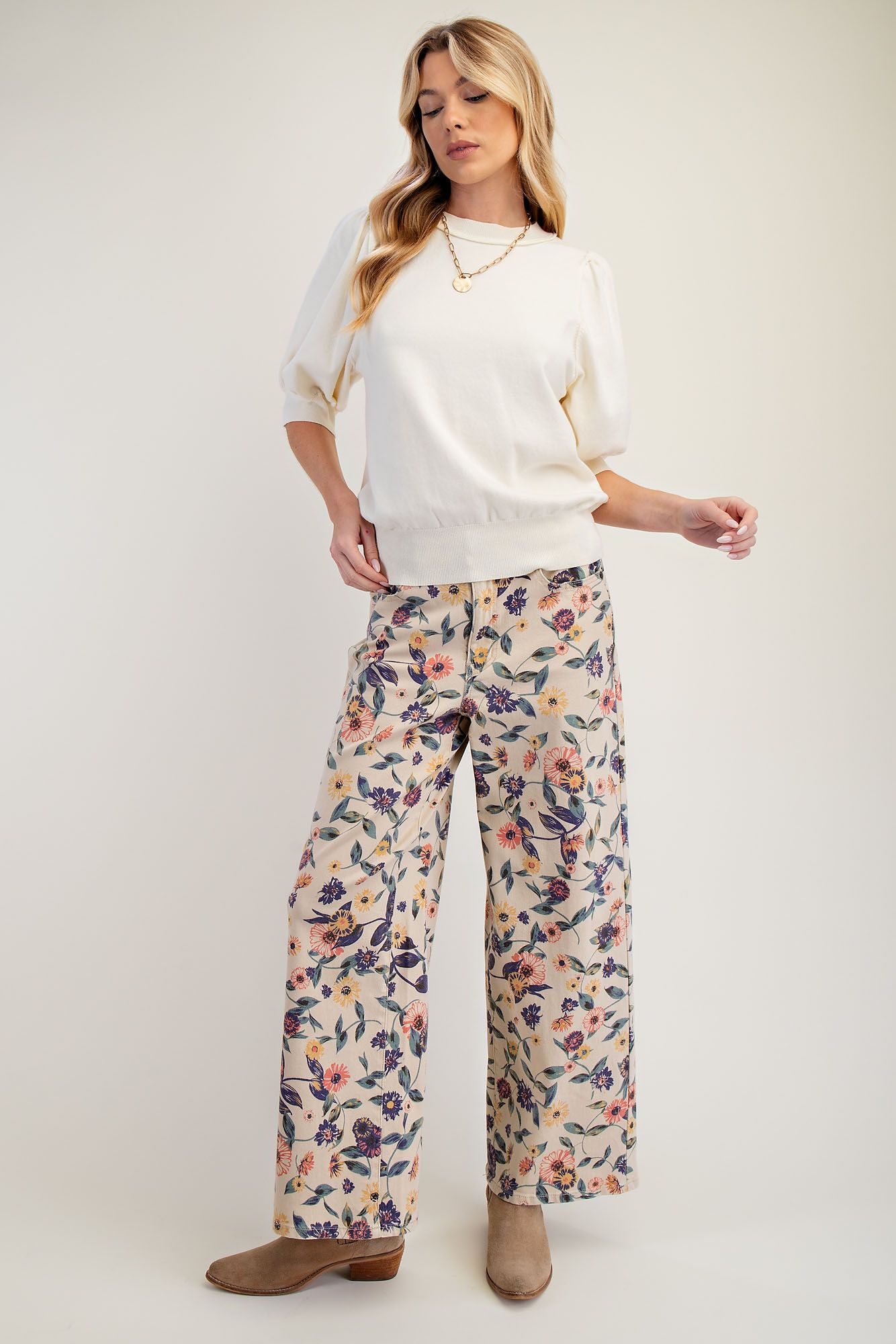 Ladies Easel Washed Floral Print Denim Twill Pants - EB56074