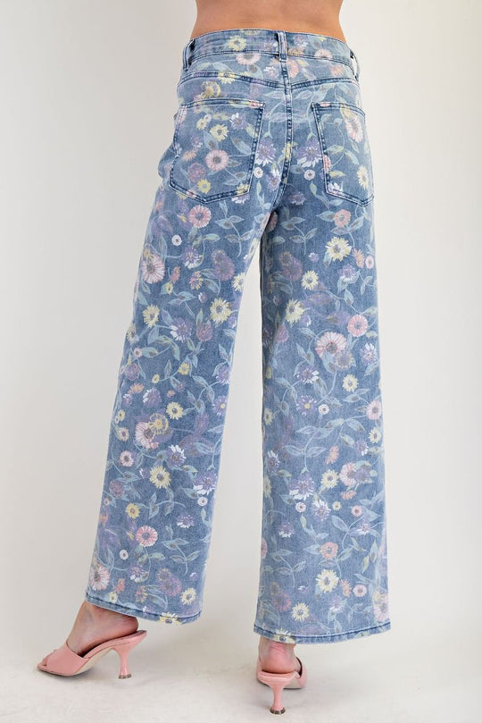 Ladies Easel Washed Floral Print Twill Pants - Washed Denim