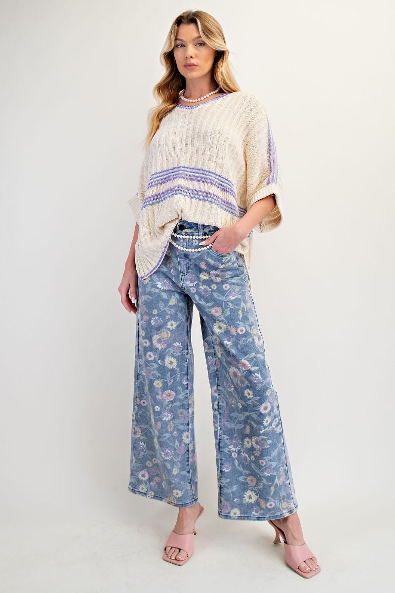 Ladies Easel Washed Floral Print Twill Pants - Washed Denim