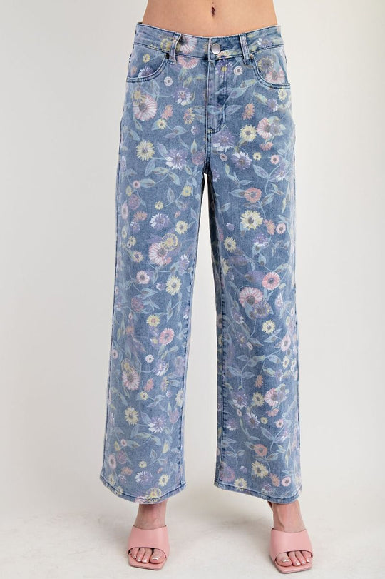 Ladies Easel Washed Floral Print Twill Pants - Washed Denim
