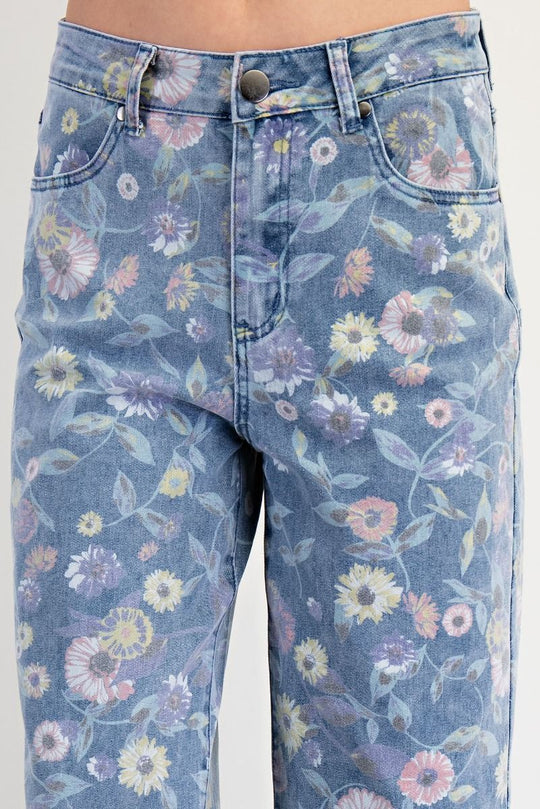 Ladies Easel Washed Floral Print Twill Pants - Washed Denim