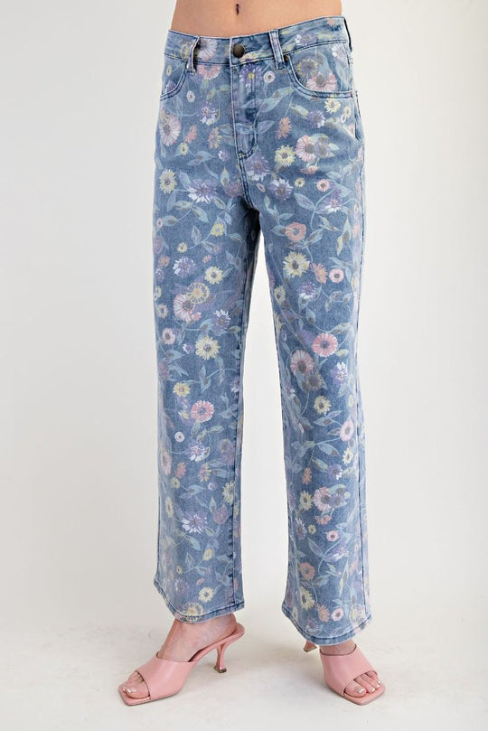 Ladies Easel Washed Floral Print Twill Pants - Washed Denim