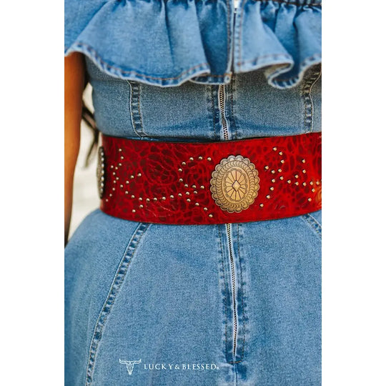 Lucky & Blessed Red Tooled Genuine Leather Studded Wide Belt