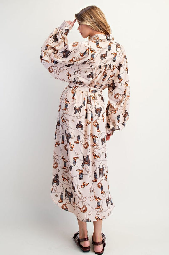 easel shirt dress Ladies Easel Western Printed Satin Button Down Shirt Dress