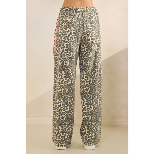 Ladies Veveret Leopard Printed Striped Wide Legged Pants - VP72572