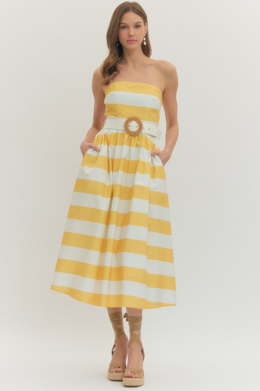 Ladies Entro Yellow Striped Strapless Midi Dress - D30499