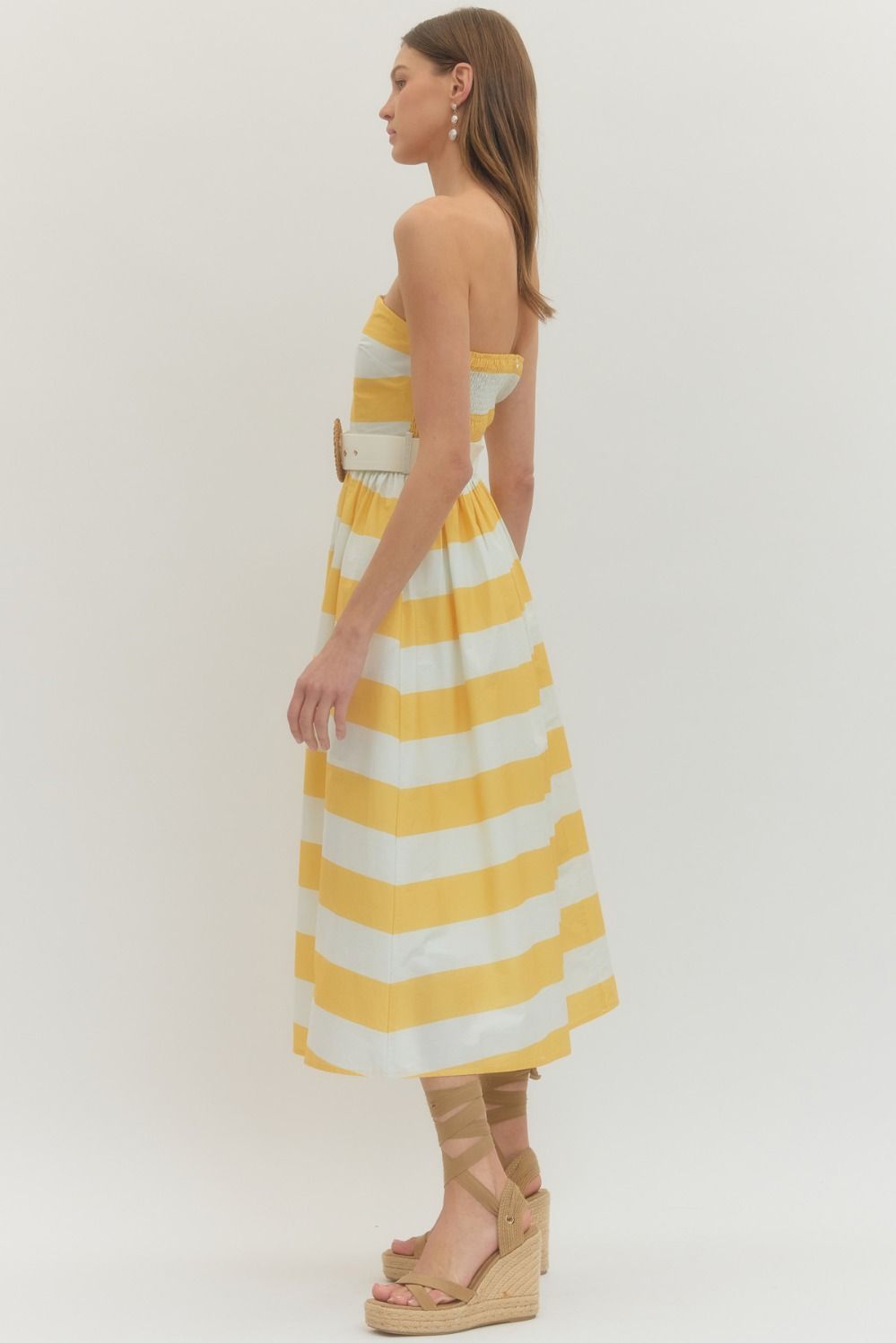 Ladies Entro Yellow Striped Strapless Midi Dress - D30499