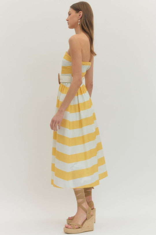 Ladies Entro Yellow Striped Strapless Midi Dress - D30499