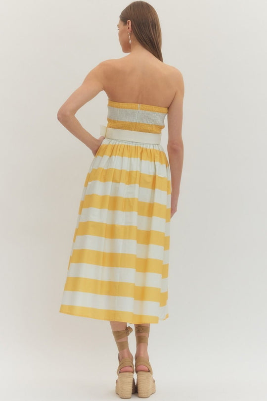 Ladies Entro Yellow Striped Strapless Midi Dress - D30499