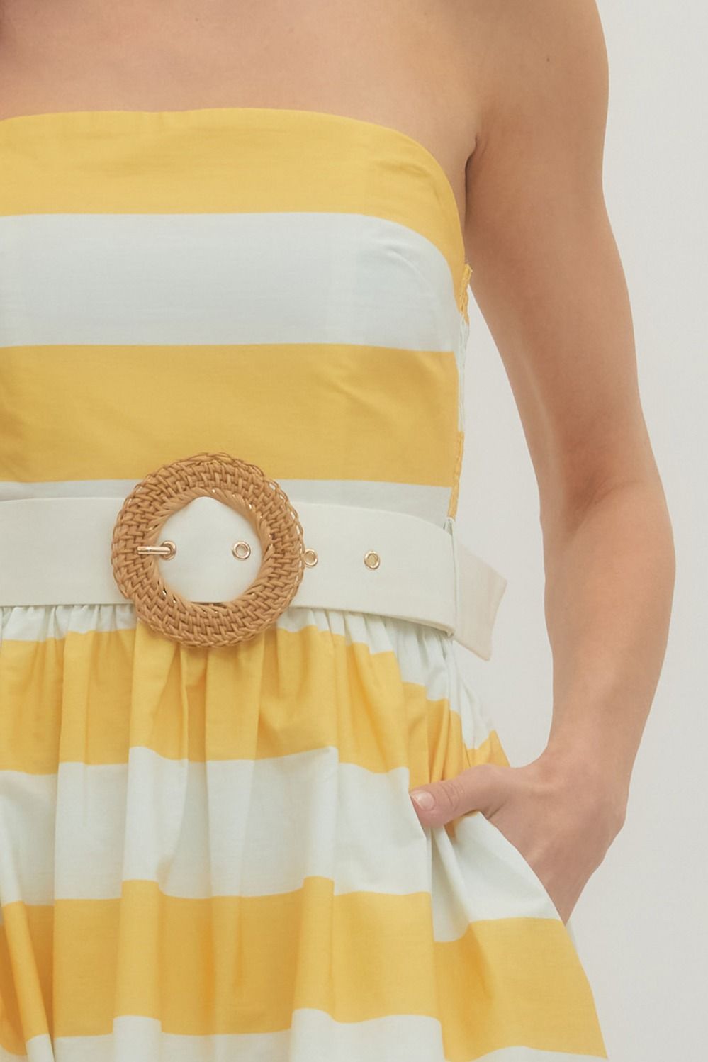 Ladies Entro Yellow Striped Strapless Midi Dress - D30499