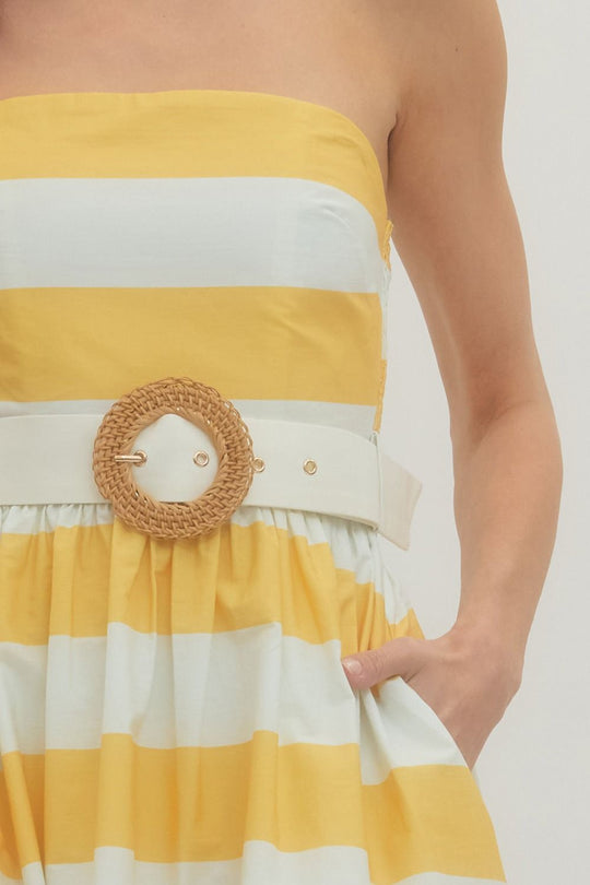 Ladies Entro Yellow Striped Strapless Midi Dress - D30499