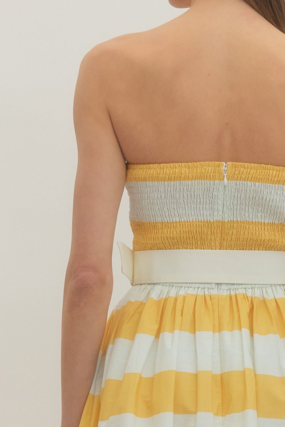 Ladies Entro Yellow Striped Strapless Midi Dress - D30499