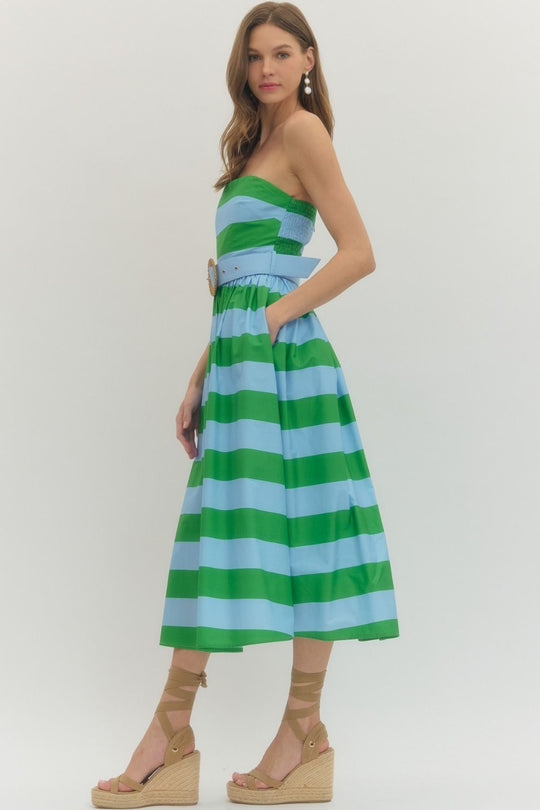 Ladies Entro Green Striped Strapless Midi Dress - D30499