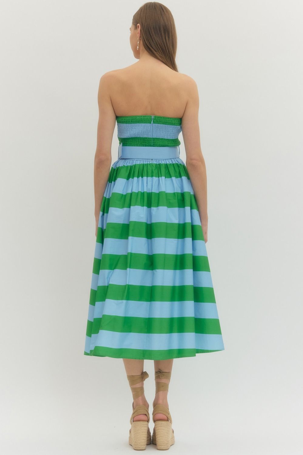Ladies Entro Green Striped Strapless Midi Dress - D30499