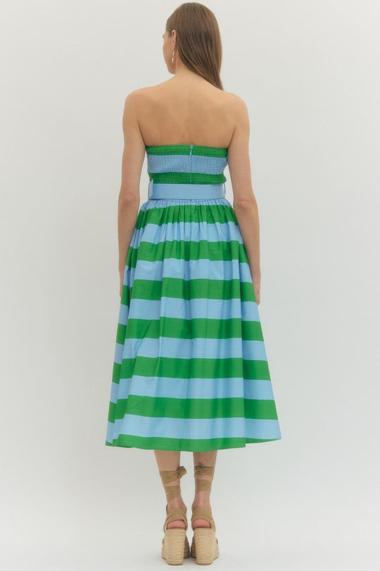 Ladies Entro Green Striped Strapless Midi Dress - D30499