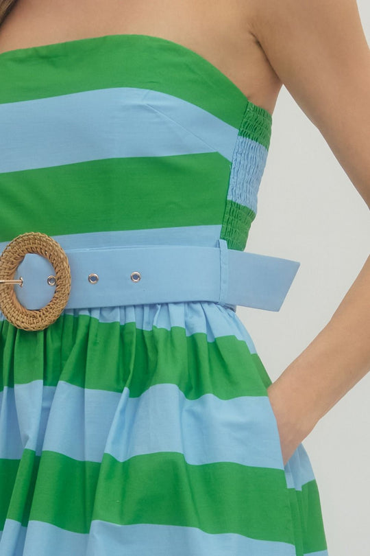 Ladies Entro Green Striped Strapless Midi Dress - D30499