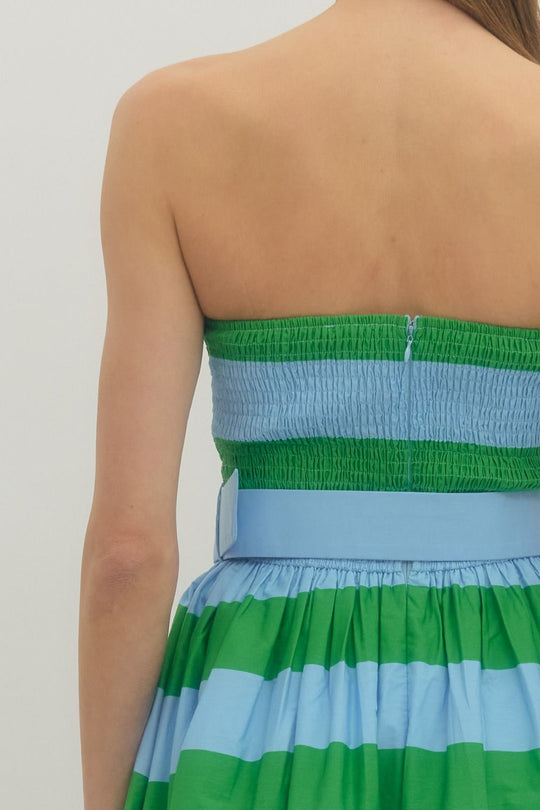 Ladies Entro Green Striped Strapless Midi Dress - D30499