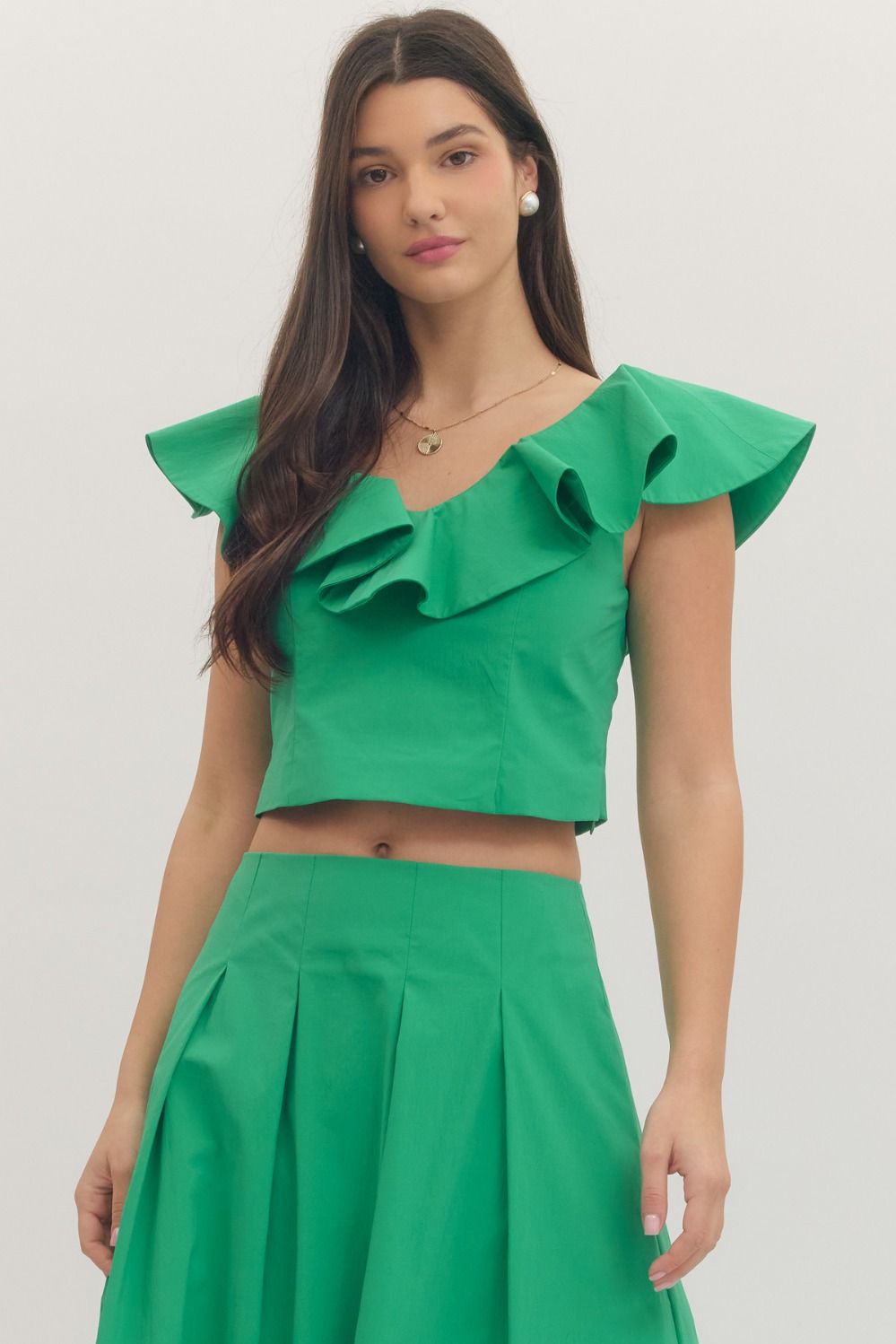Ladies Entro Ruffle Cap Sleeve Cropped Top - T30607