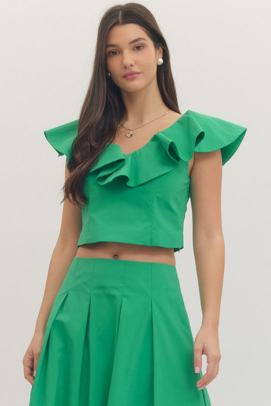 Ladies Entro Ruffle Cap Sleeve Cropped Top - T30607
