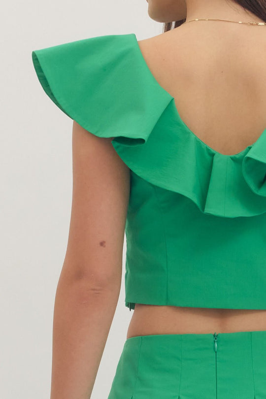 Ladies Entro Ruffle Cap Sleeve Cropped Top - T30607