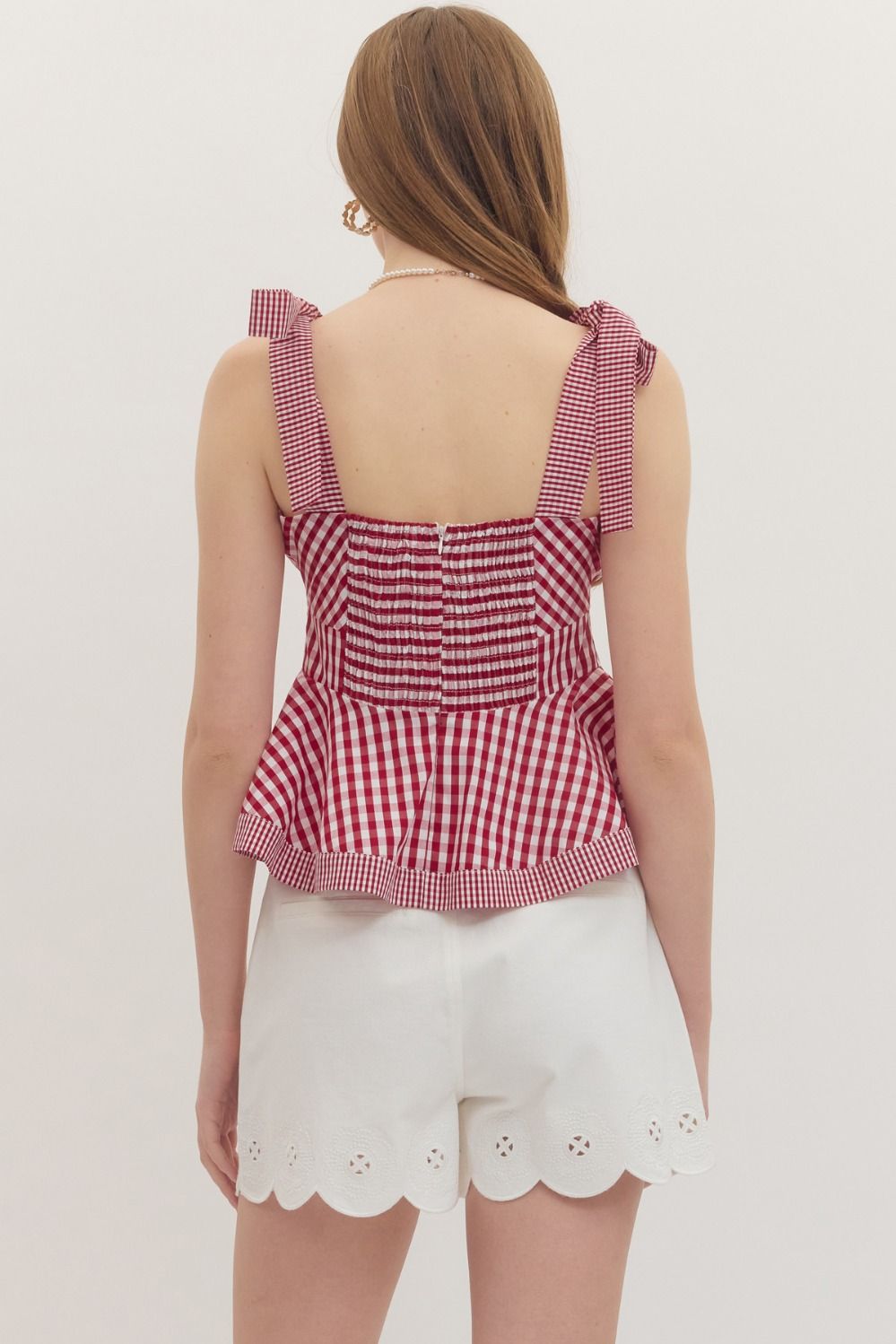 Ladies Entro Red Gingham Peplum Top - T31252