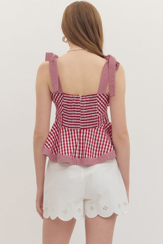 Ladies Entro Red Gingham Peplum Top - T31252