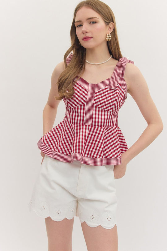 Ladies Entro Red Gingham Peplum Top - T31252