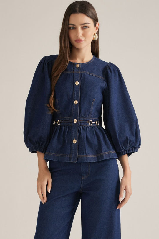 Ladies Entro Denim Puff Sleeve Top - T33814