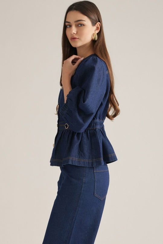 Ladies Entro Denim Puff Sleeve Top - T33814