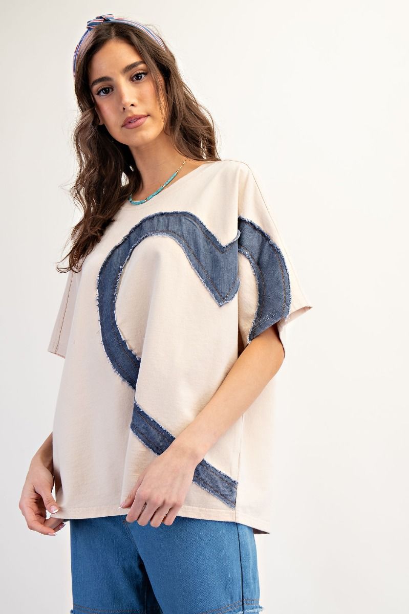 Ladies Easel Heart Patch Mineral Washed Knit Top - ET18916