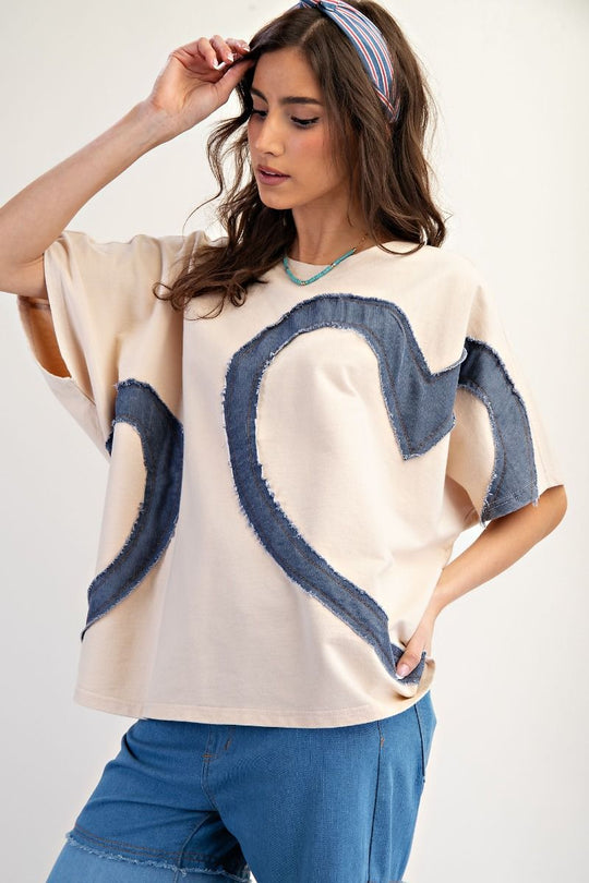 Ladies Easel Heart Patch Mineral Washed Knit Top - ET18916