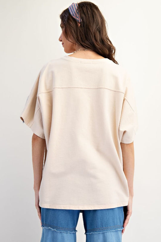 Ladies Easel Heart Patch Mineral Washed Knit Top - ET18916