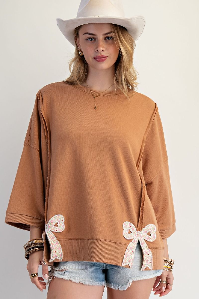 Ladies Easel Bow Patch Bottom Hem Terry Pullover - ET28101