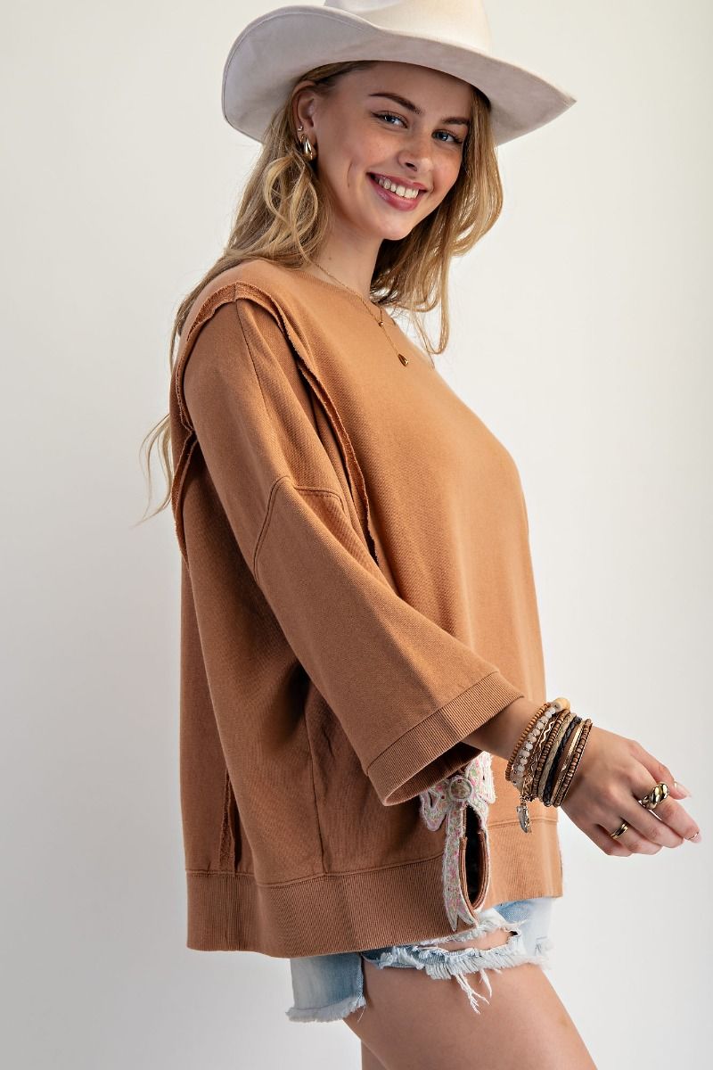 Ladies Easel Bow Patch Bottom Hem Terry Pullover - ET28101