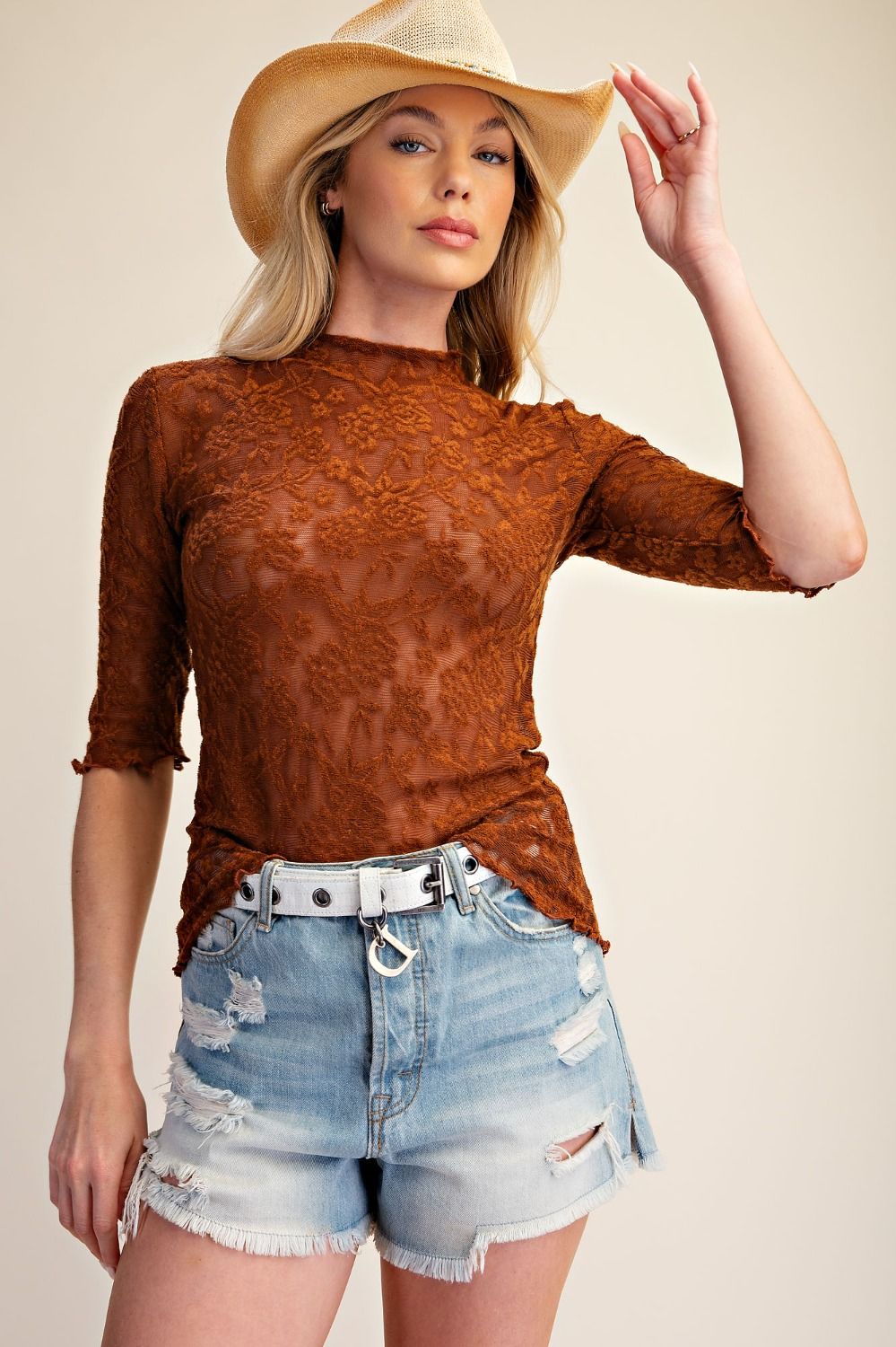 Ladies Easel Textured Lace Fitted Top - ET71860B