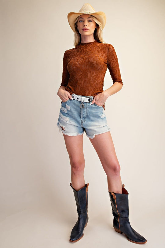Ladies Easel Textured Lace Fitted Top - ET71860B