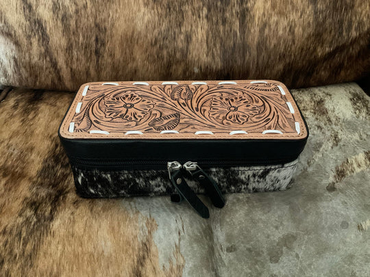 Vintage Cowgirl Cases Tooled Leather/Cowhide Mini Plus Jewelry Case