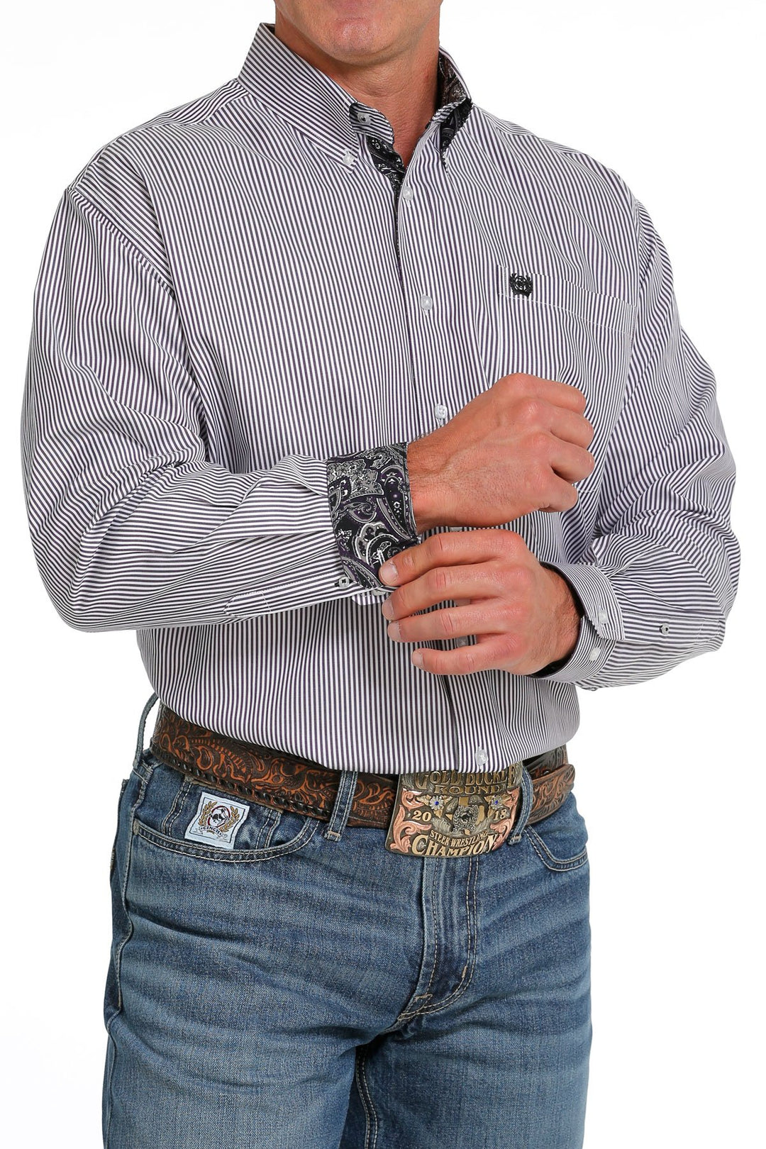 Camicia a maniche lunghe con bottoni in Tencel a righe viola Cinch da uomo - MTW1105639