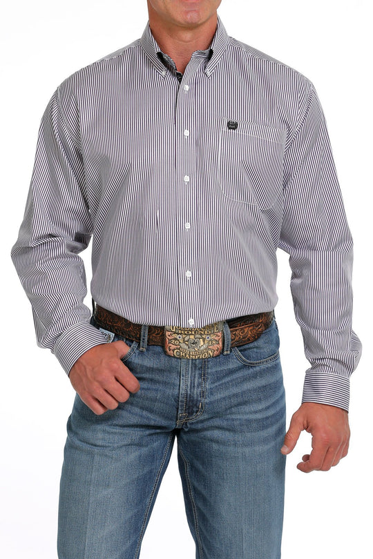 Camicia a maniche lunghe con bottoni in Tencel a righe viola Cinch da uomo - MTW1105639