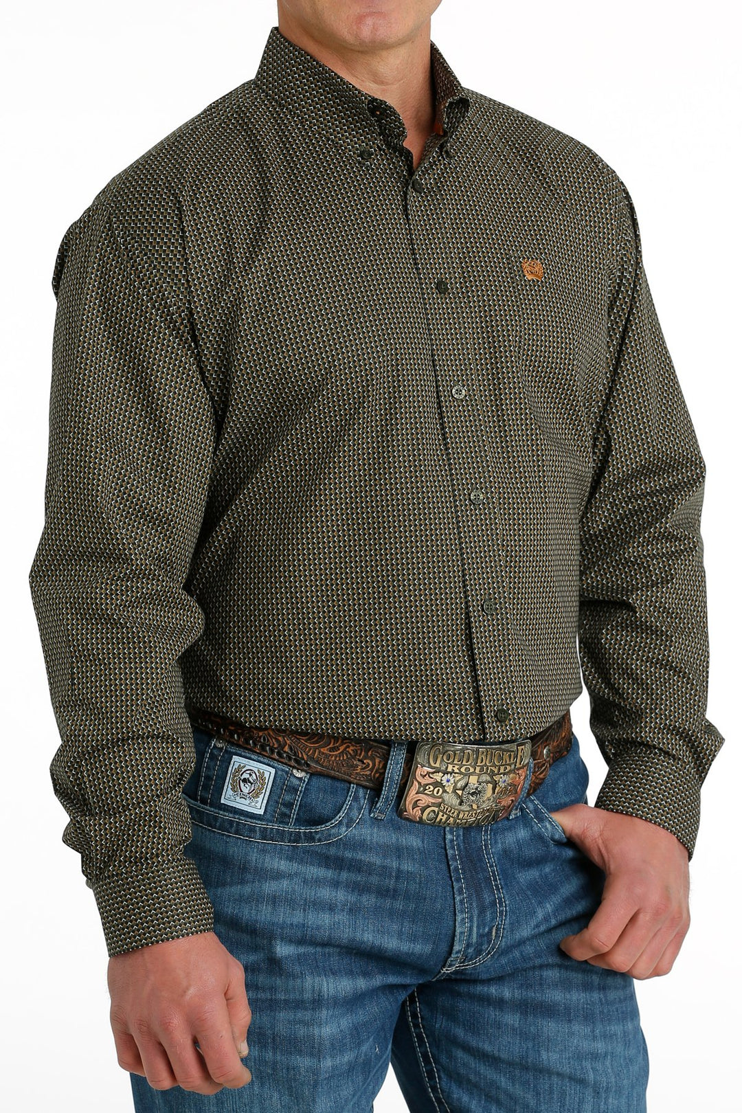 Camicia abbottonata con stampa geometrica elasticizzata Cinch da uomo oliva/nera/oro - MTW1105664