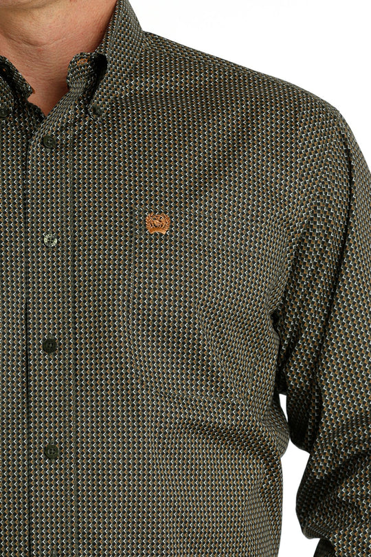Men's Cinch Stretch Geometric Print Olive/Black/Gold Button Down Shirt - MTW1105664