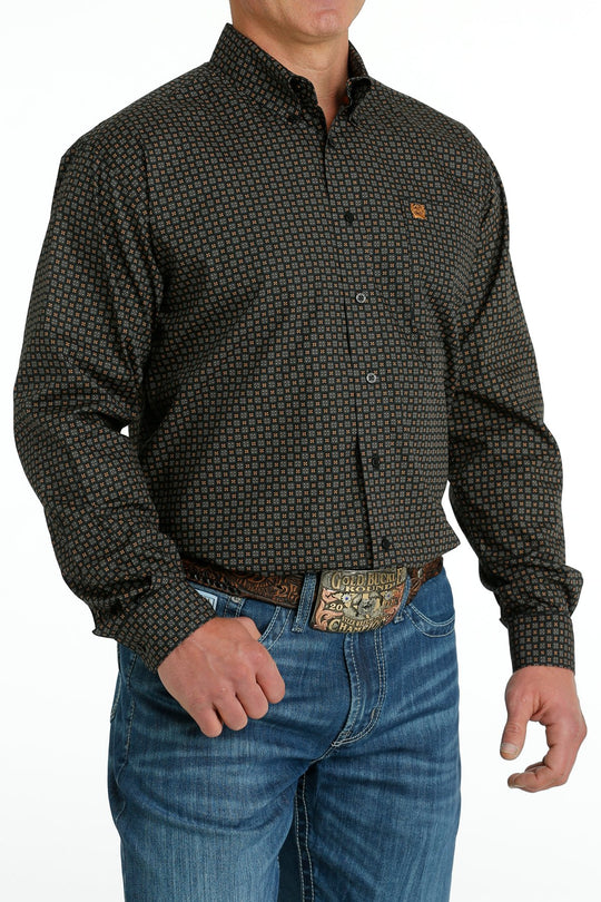 Men's Cinch Geometric Print Button Down Black/Olive/Gold Western Shirt - MTW1105671