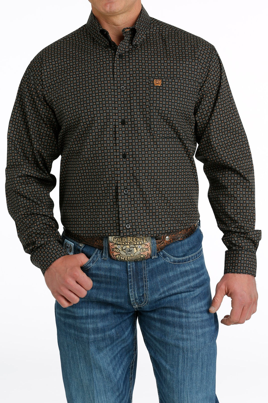 Camicia western da uomo Cinch con stampa geometrica nera/oliva/oro - MTW1105671