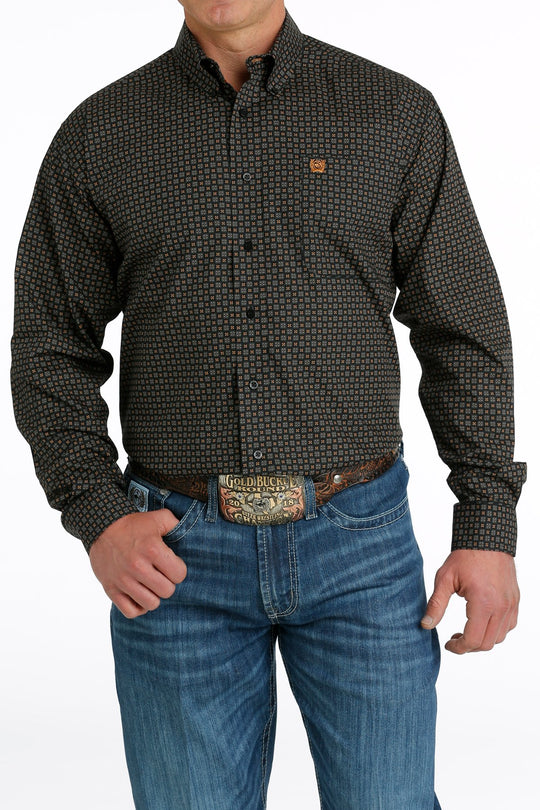 Men's Cinch Geometric Print Button Down Black/Olive/Gold Western Shirt - MTW1105671
