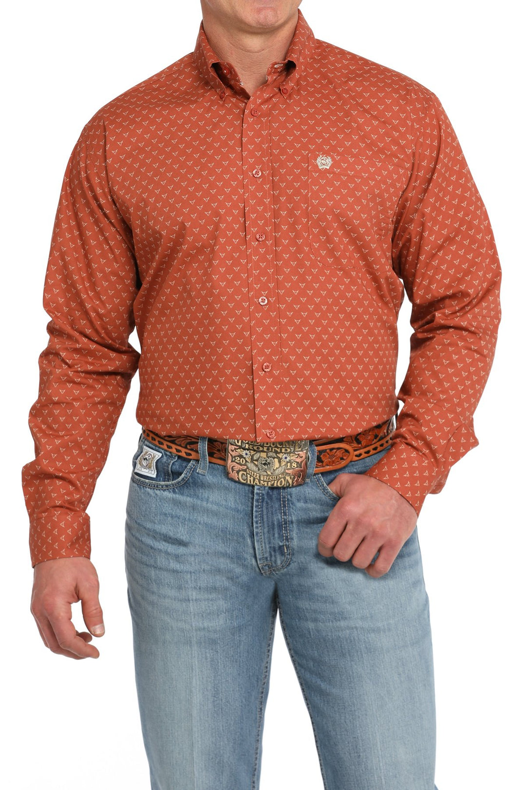Men's Cinch Steer Print Orange Button-Down Western Shirt - MTW1105847