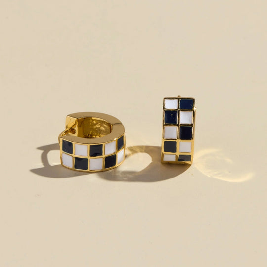 Nickel & Suede Black & White Checkered Enamel Huggies
