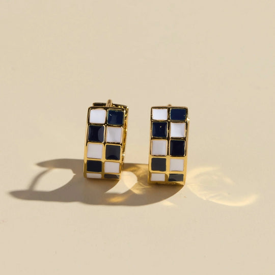 Nickel & Suede Black & White Checkered Enamel Huggies